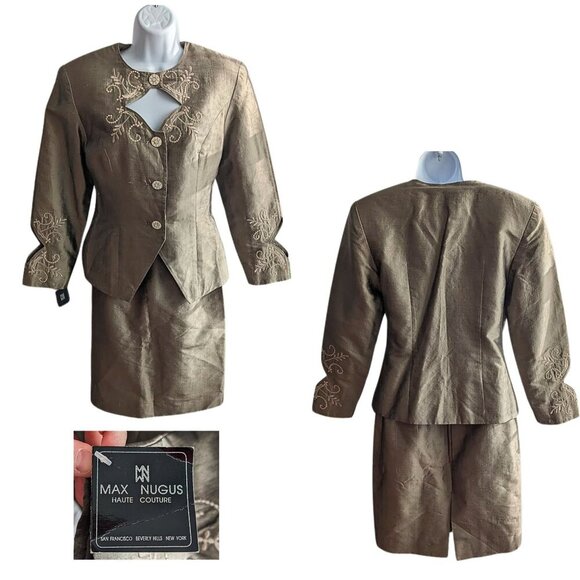 Rare NWT Vtg Y2K MAX NUGUS Haute Couture Bronze Art Deco Silk Skirt Suit Sz 8 - Picture 1 of 9